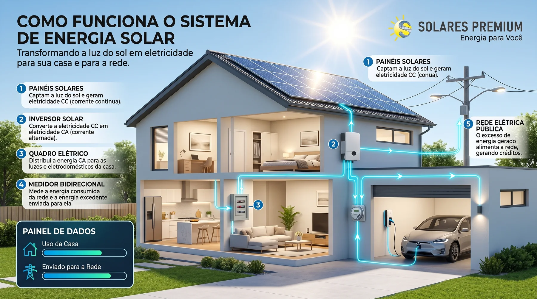 Como funciona o sistema de energia solar: os pain&eacute;is no telhado geram eletricidade, o inversor converte, o quadro el&eacute;trico distribui pela casa, o medidor bidirecional contabiliza e o excedente vai para a rede.